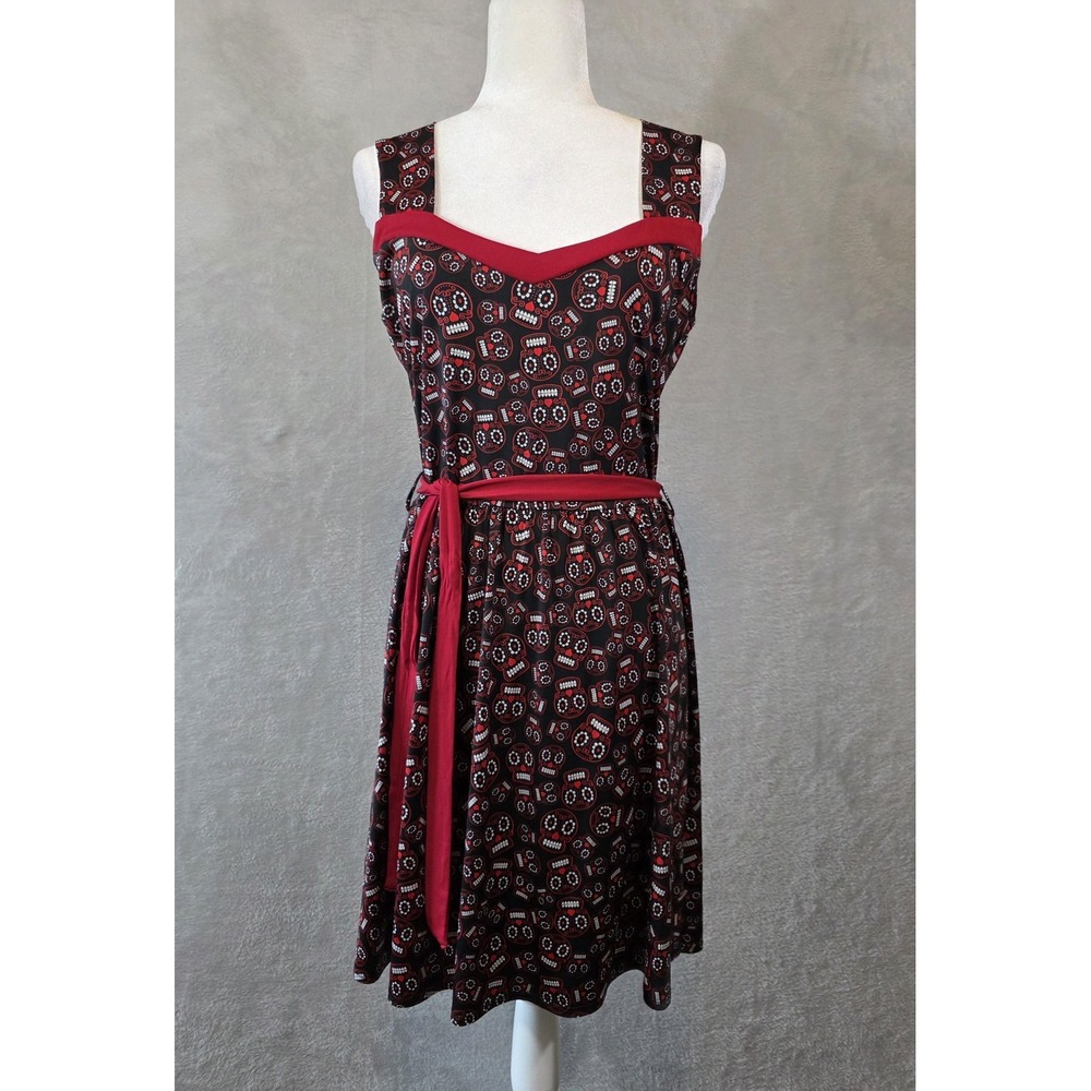 EUC Folter Dress Womens Medium Black Red Sugar Skull Belted Goth Punk Grunge